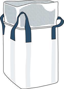 Storsekk med åpen topp, flat bunn og topp-skjørt. Størrelse cm (lxbxh): 90x90x110. SWL: 1500 kg. Antall pr pall: 185